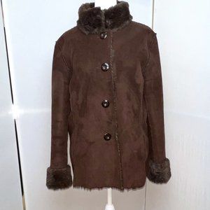 Coldwater Creek Chocolate Brown Faux Fur Button-up Reversible Coat Size 14